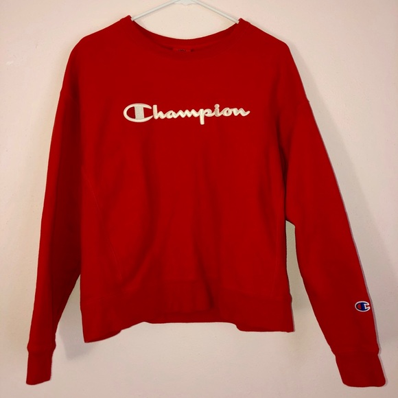 Red Champion Cropped Sweatshirt LARGE - Picture 2 of 5